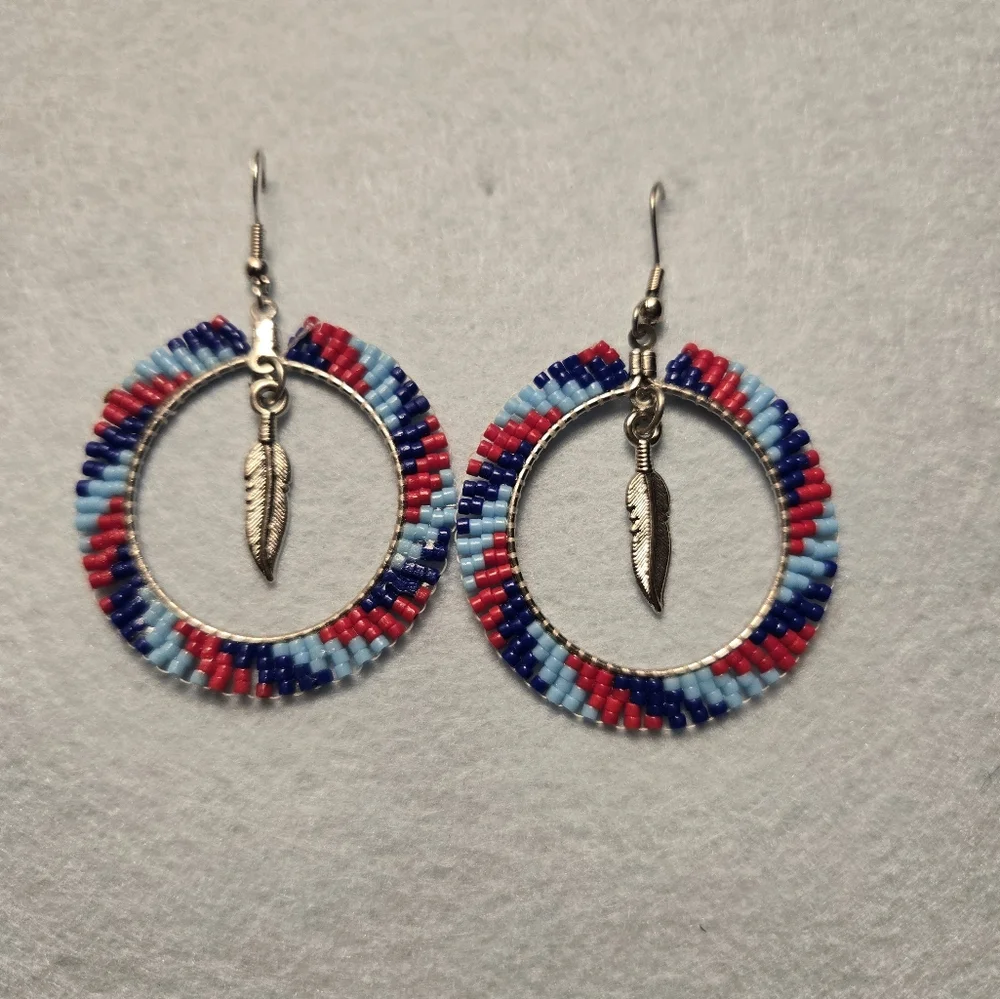 Southwest Native American Style Seed Beaded Earrings With Feather 1 1/2